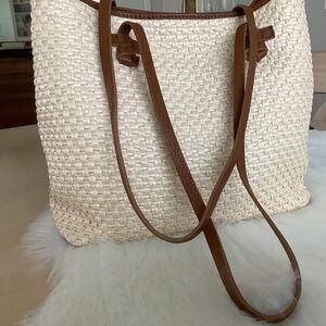 Womens leather and straw tote bag